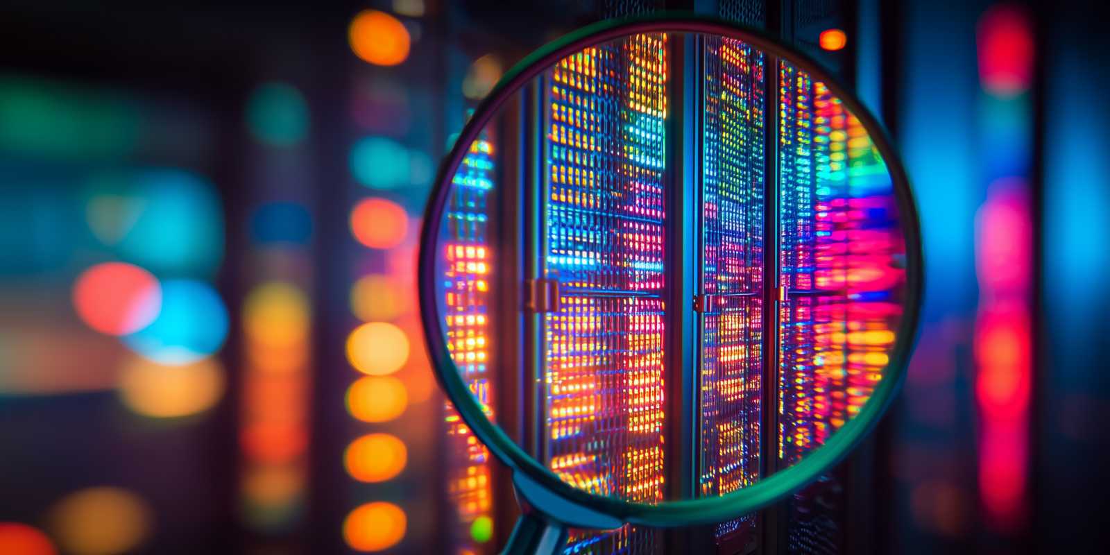 A magnifying glass focusing on colorful illuminated server racks representing detailed cybersecurity compliance audit