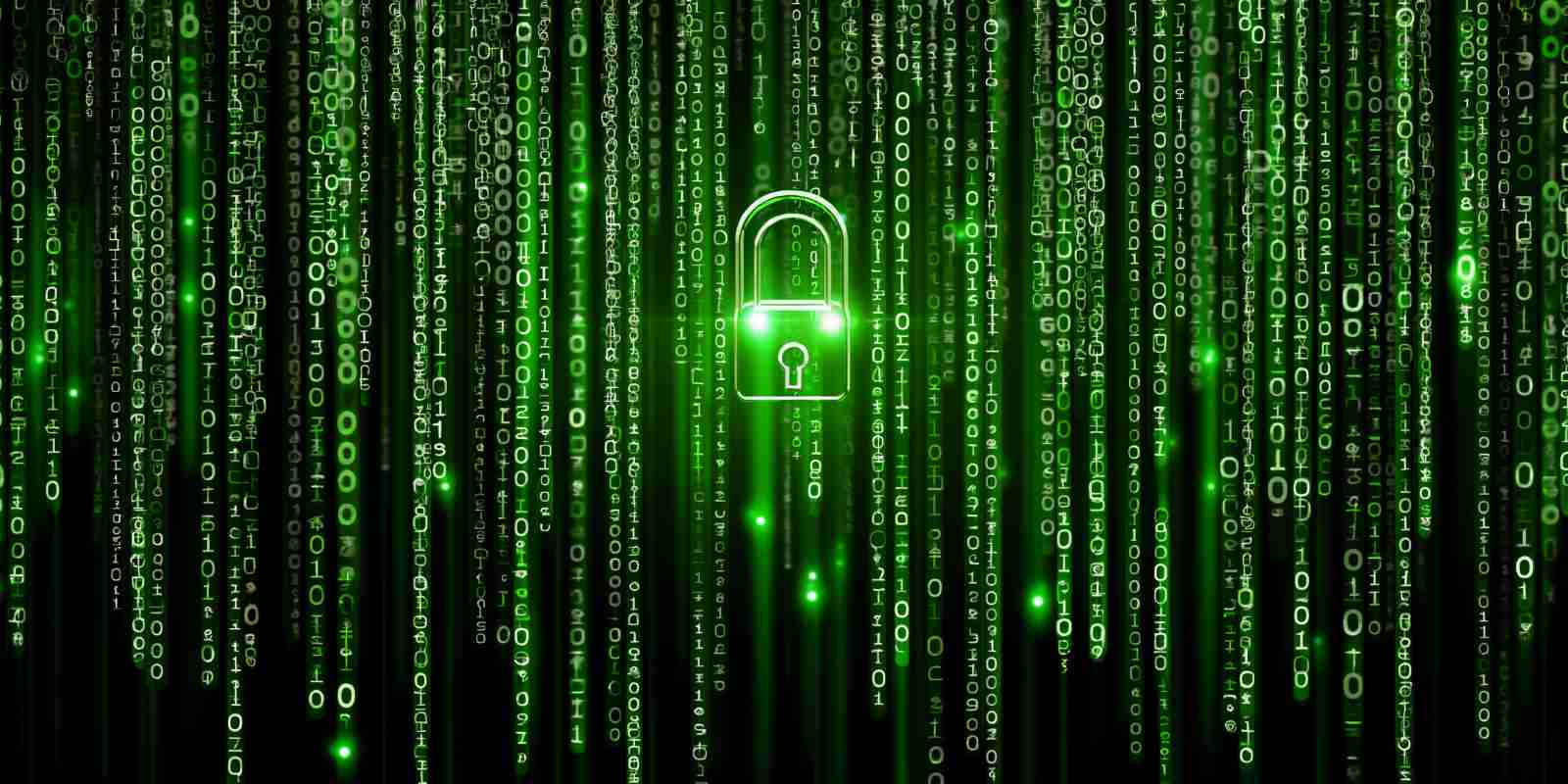 A metallic padlock with flowing green binary data streams passing through it representing cybersecurity services and data protection offerings