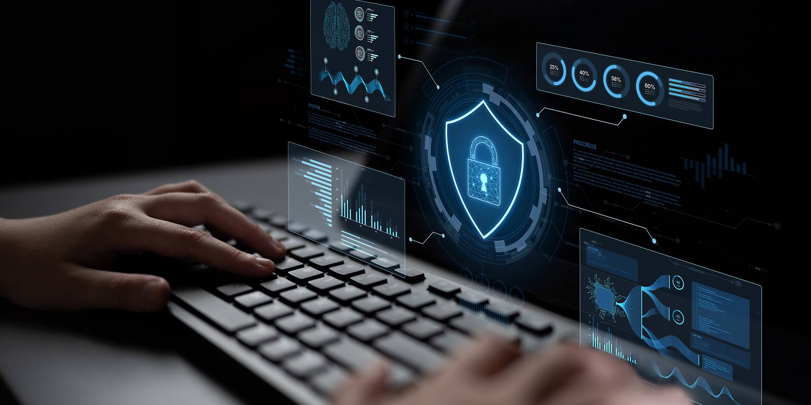 A person typing on a keyboard with a holographic cybersecurity shield and padlock surrounded by floating security dashboards and analytics panels, representing active cyber threat protection