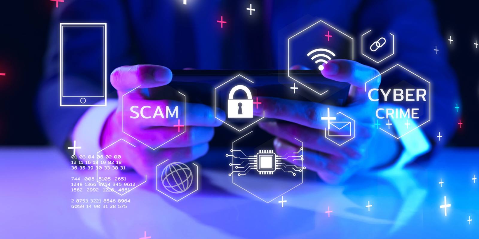 A person using a smartphone surrounded by digital icons labeled scam and cyber crime representing mobile cybersecurity risks