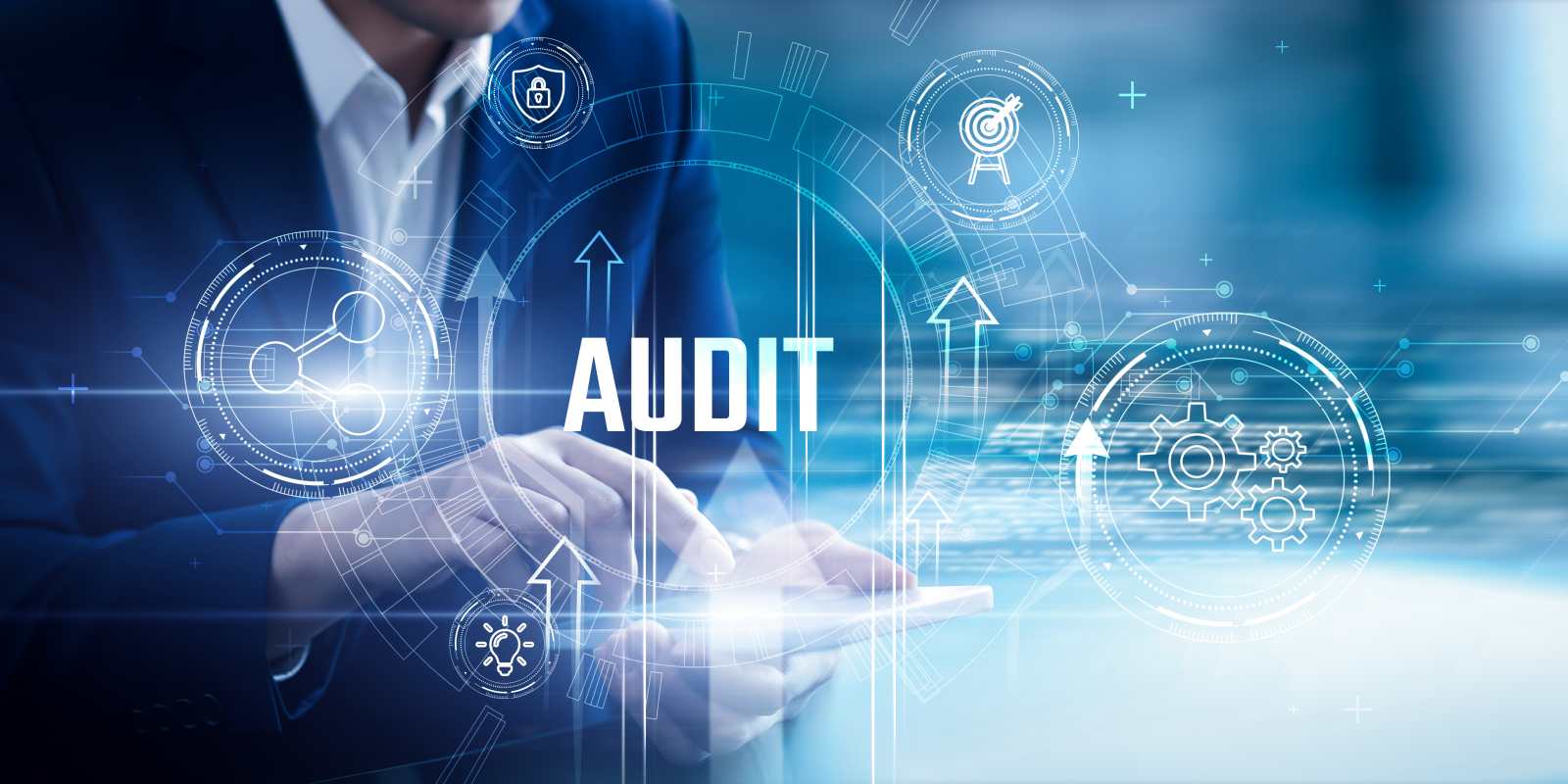 A professional interacting with a digital Audit interface surrounded by security and process icons representing cybersecurity compliance audit