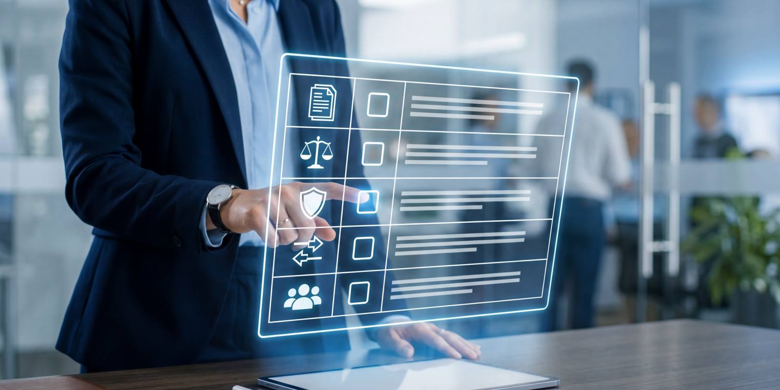 A professional interacting with a digital compliance checklist featuring legal shield and user management icons representing cybersecurity compliance audit