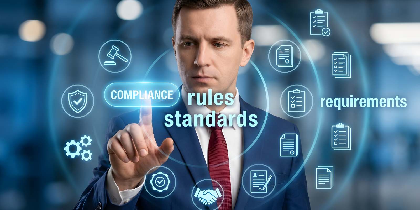 A professional tapping a virtual interface displaying compliance, rules, standards, and requirements icons, representing cybersecurity regulatory compliance