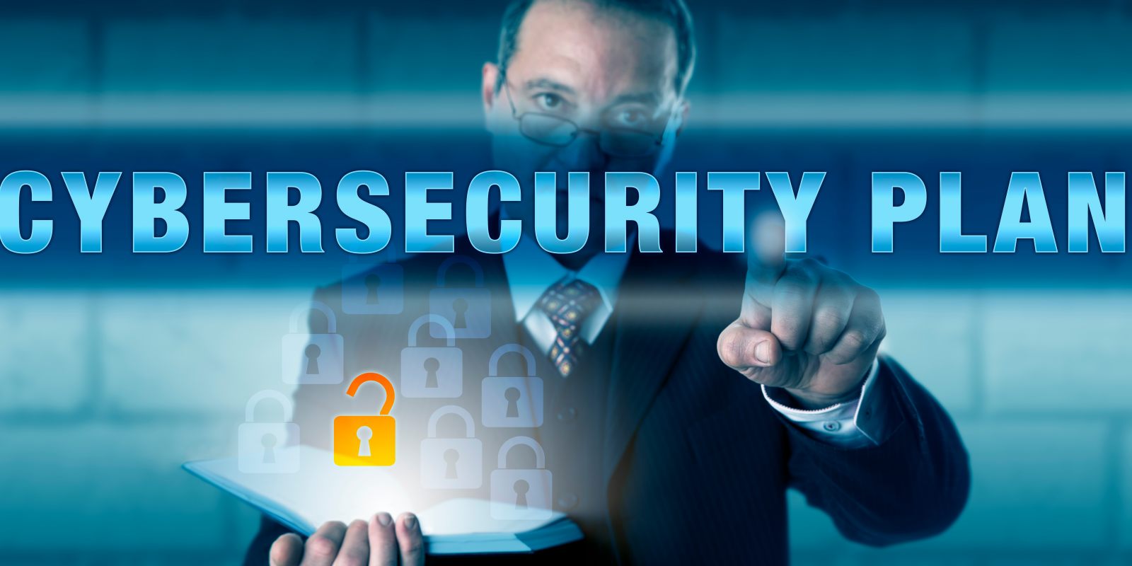 A professional tapping a virtual screen displaying 'Cybersecurity Plan' with lock icons, representing a structured plan of action for cybersecurity compliance.