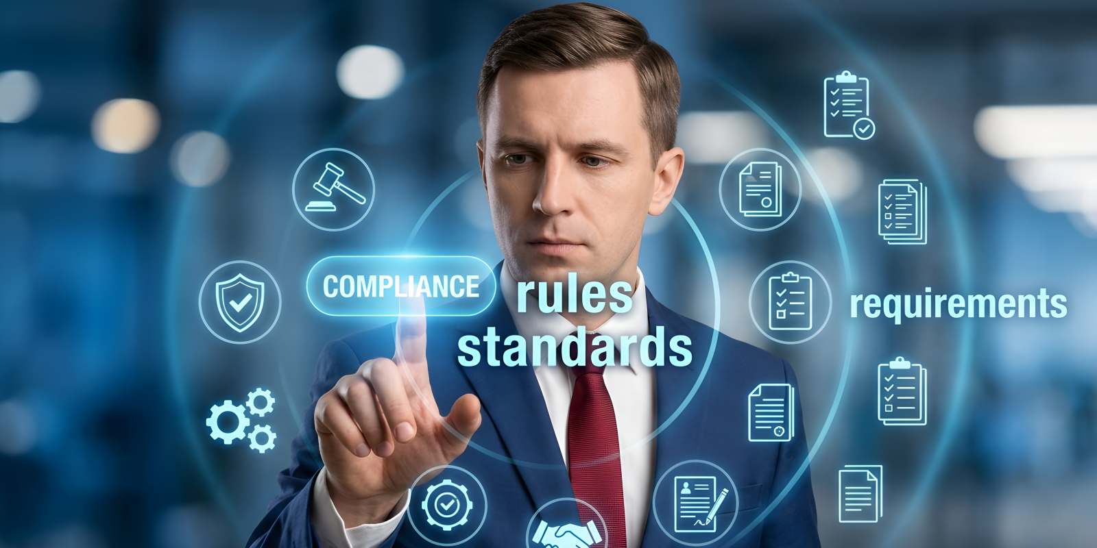 A professional touching a digital interface displaying compliance rules standards and requirements icons representing cybersecurity regulatory requirements 