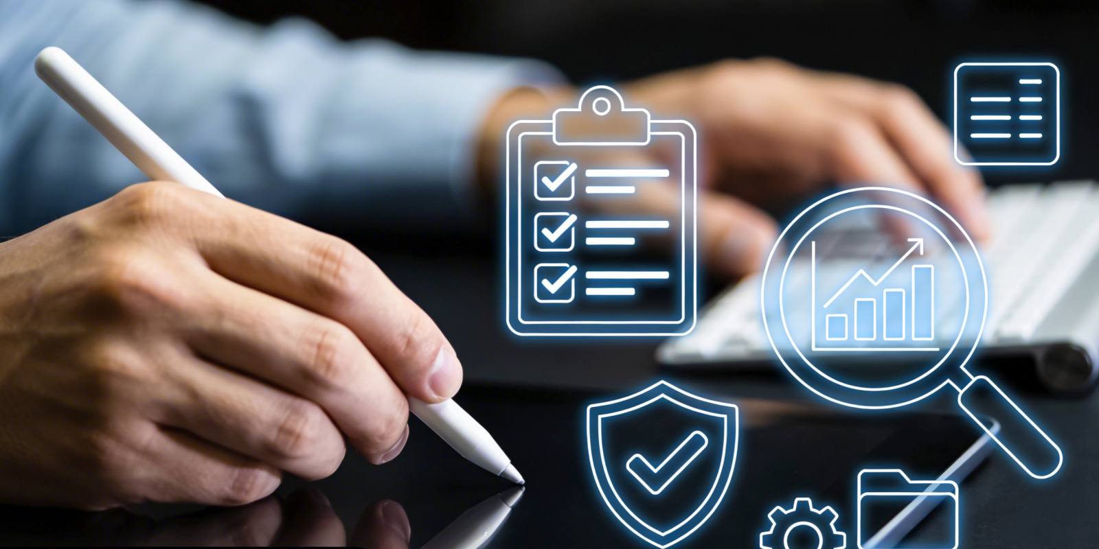 A professional writing on a tablet with digital icons for checklist shield analytics and database representing cybersecurity audit