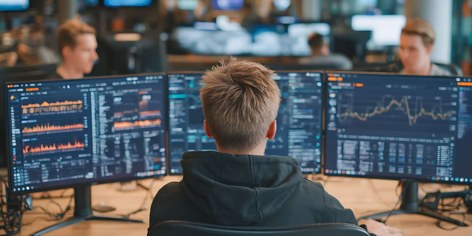 A security analyst monitors multiple screens displaying real-time data dashboards and charts in a busy operations center