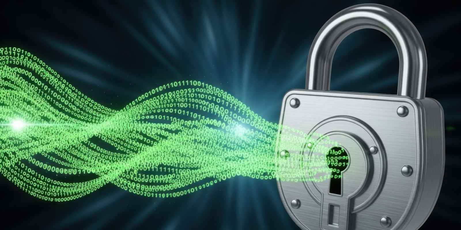 A silver padlock with glowing green binary code waves representing cybersecurity service offerings and secure data solutions