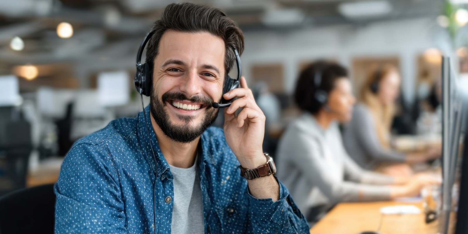 A smiling cybersecurity support specialist wearing a headset in a call center representing professional cybersecurity customer service and technical support