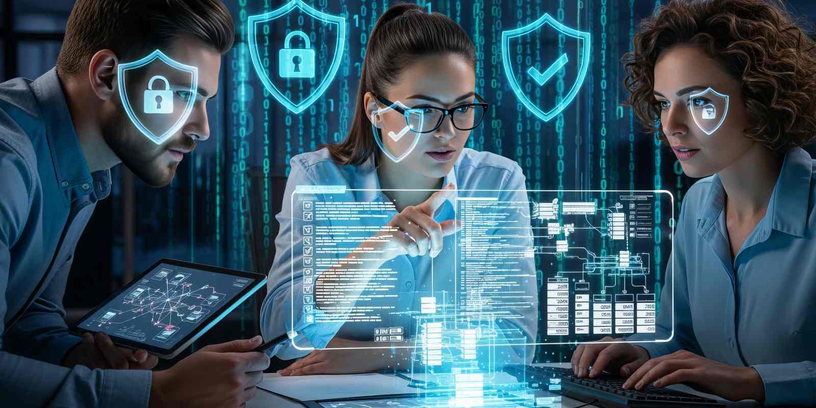 A team of cybersecurity professionals reviewing digital security dashboards with glowing shield and padlock icons representing a collaborative cybersecurity auditing