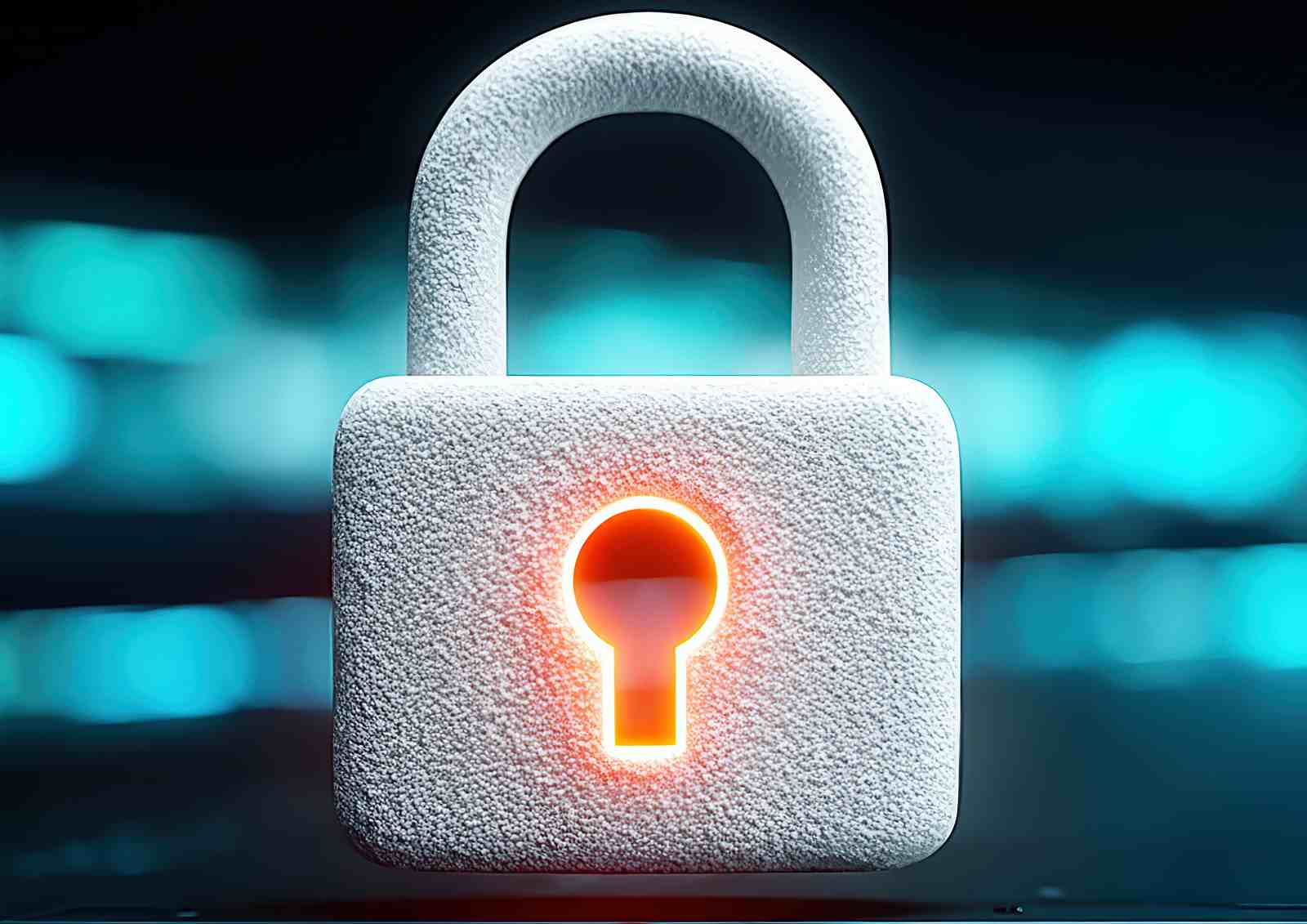 A white padlock with a glowing orange keyhole against a blurred digital background, symbolizing cybersecurity access control and data protection tools