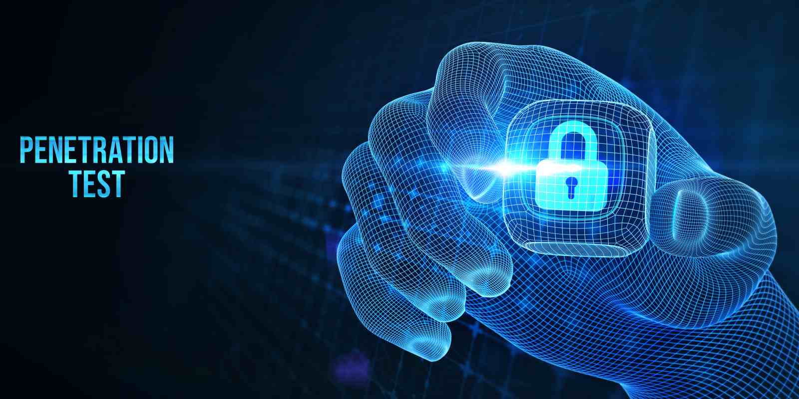 A wireframe digital hand gripping a glowing blue padlock representing strong cybersecurity protection and penetration testing.
