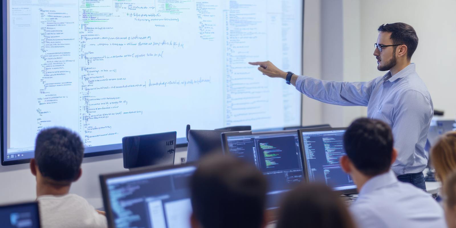 An instructor pointing at a large screen displaying code while students follow along on monitors representing hands-on cybersecurity training