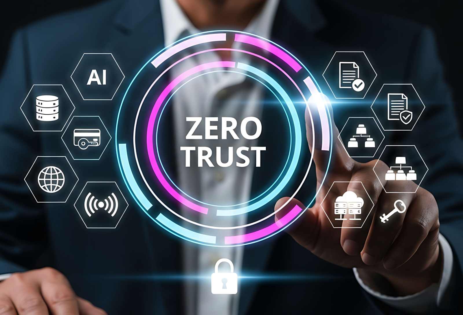 Business professional activating a Zero Trust security framework with AI, data, and access control icons