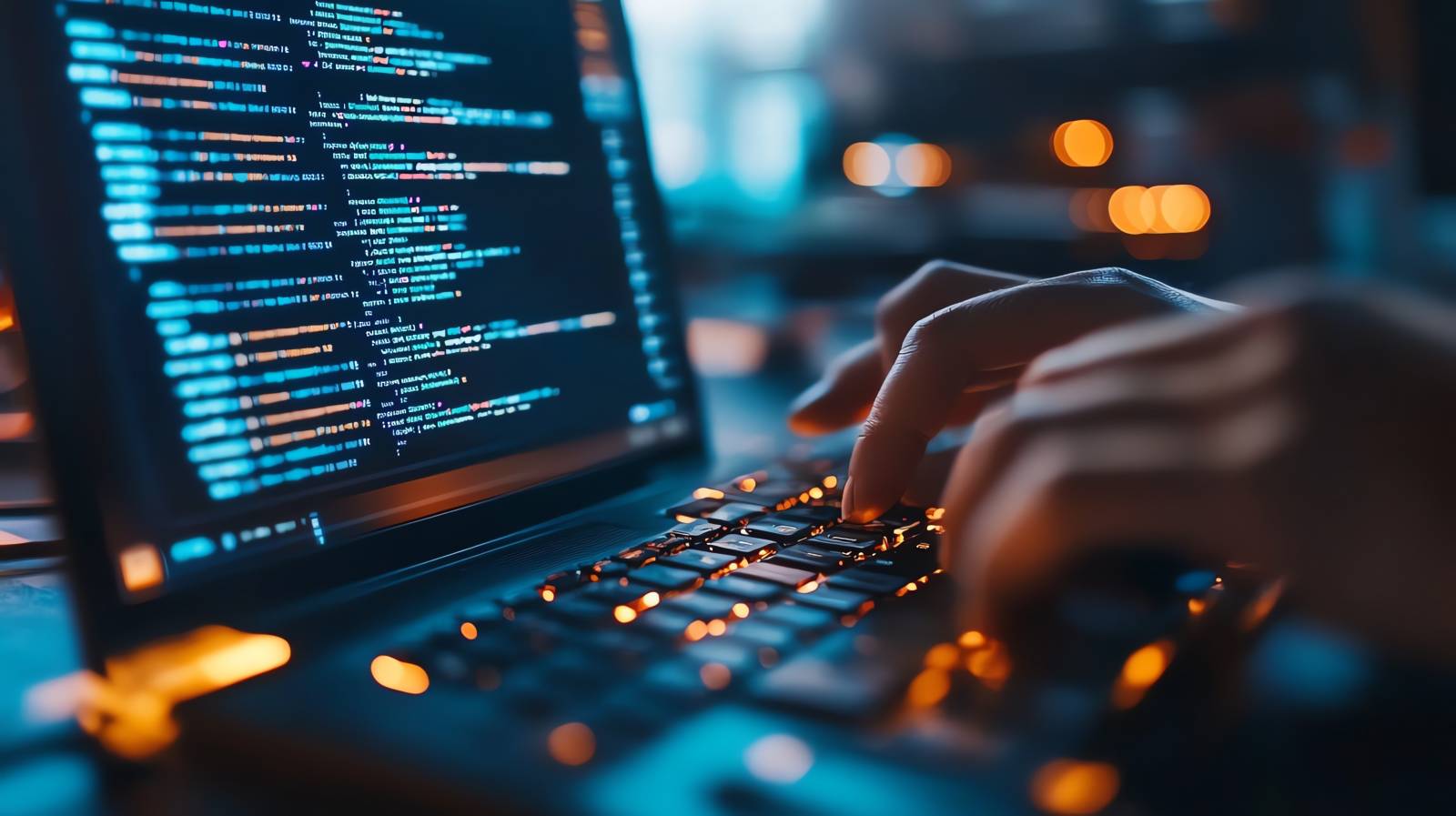 Cybersecurity professional typing code on a laptop during security testing