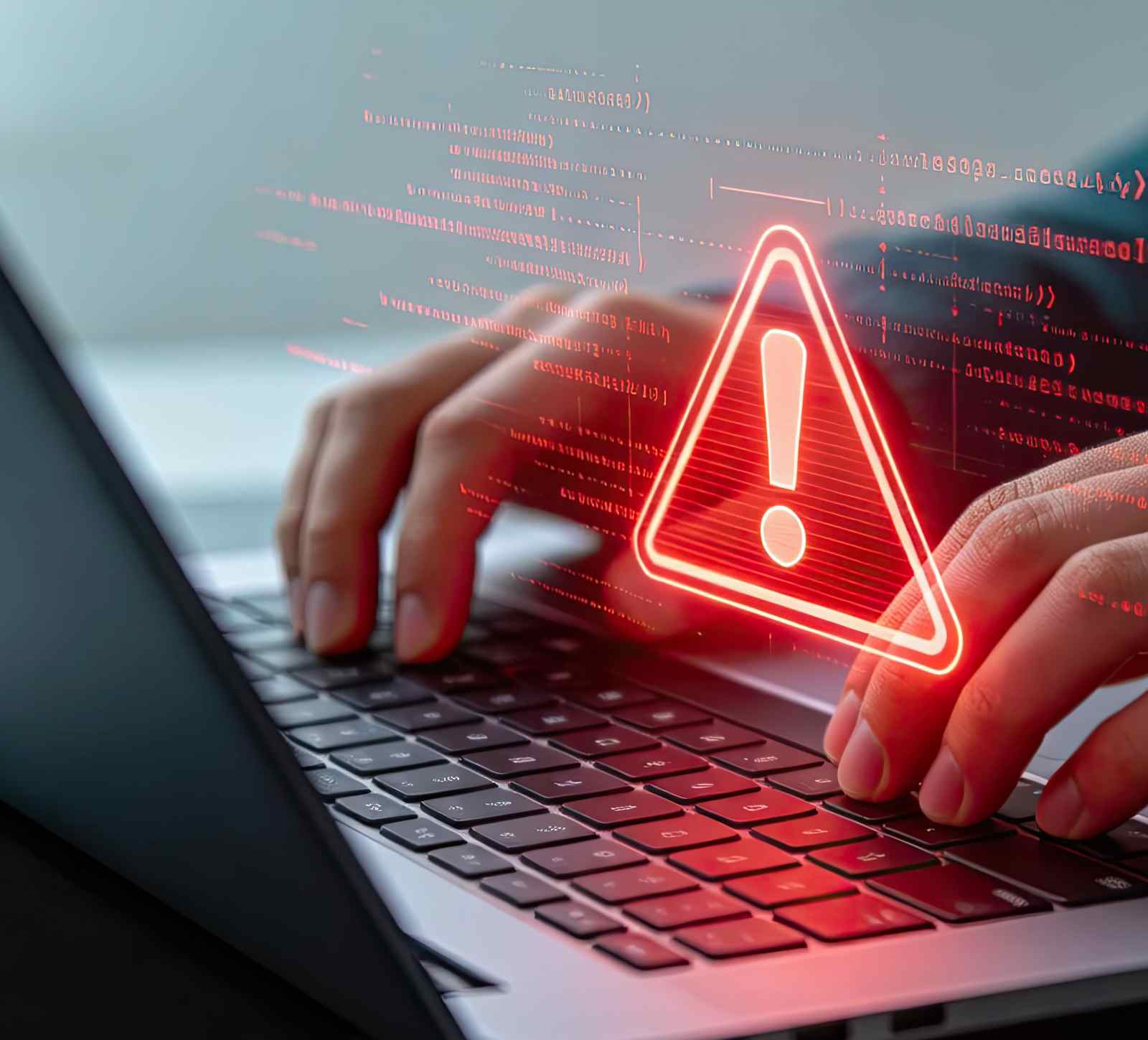 Cybersecurity warning alert on a laptop screen representing a security breach and data theft risk