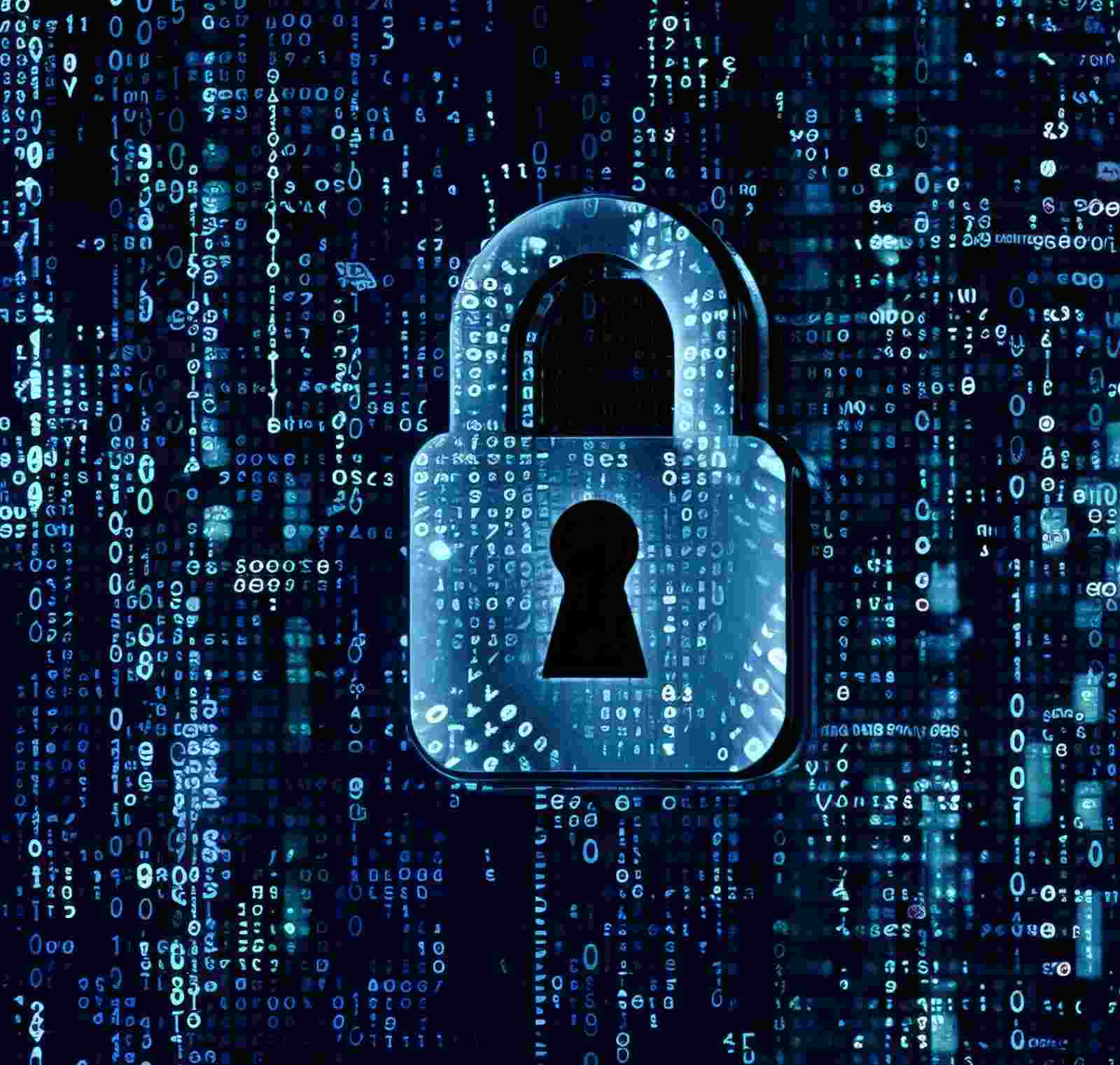 Digital padlock surrounded by binary code symbolizing cybersecurity protection and data security