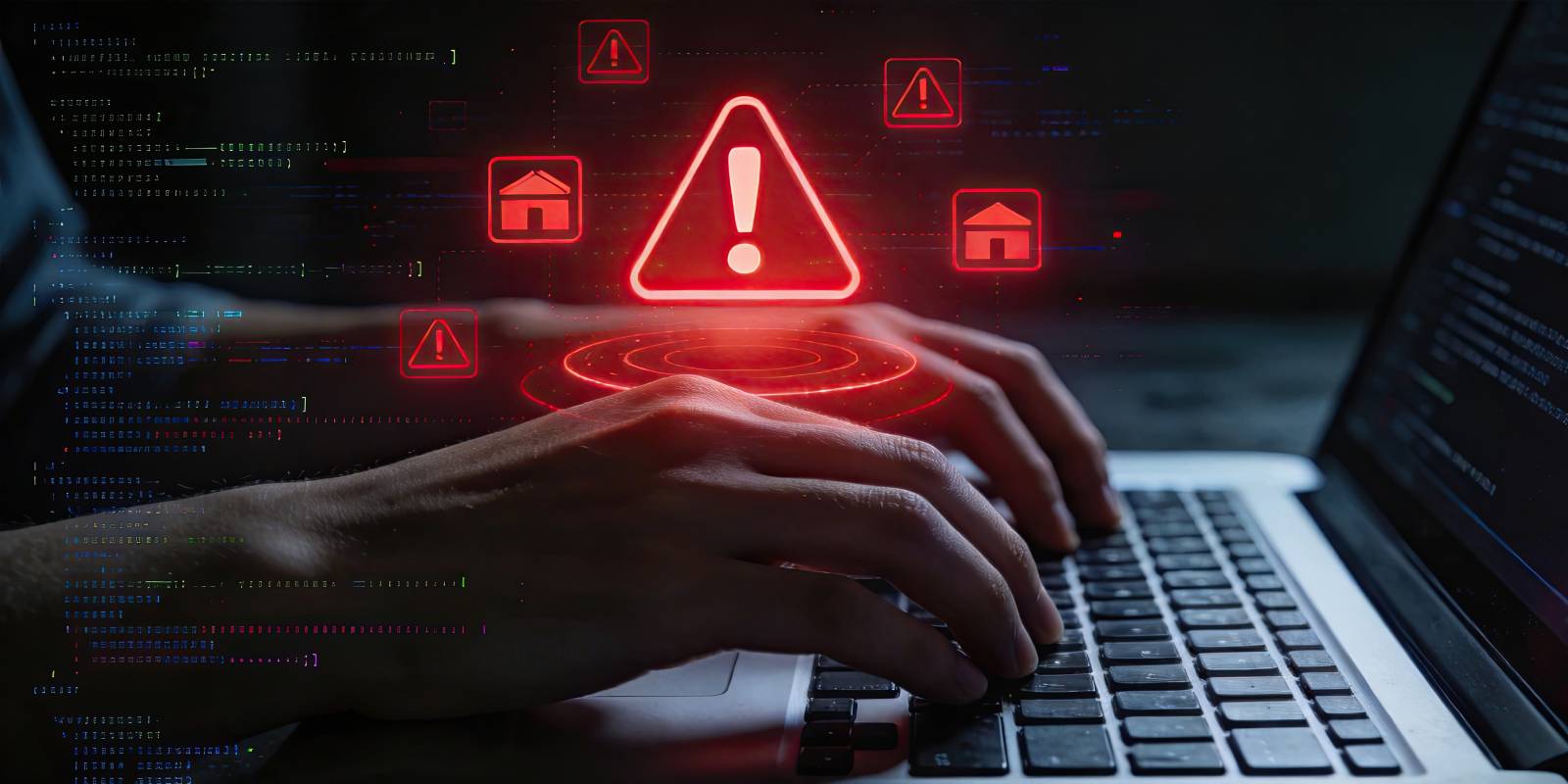 Hands typing on a laptop with glowing red warning alert icons representing active IT vulnerability detection and cybersecurity threat