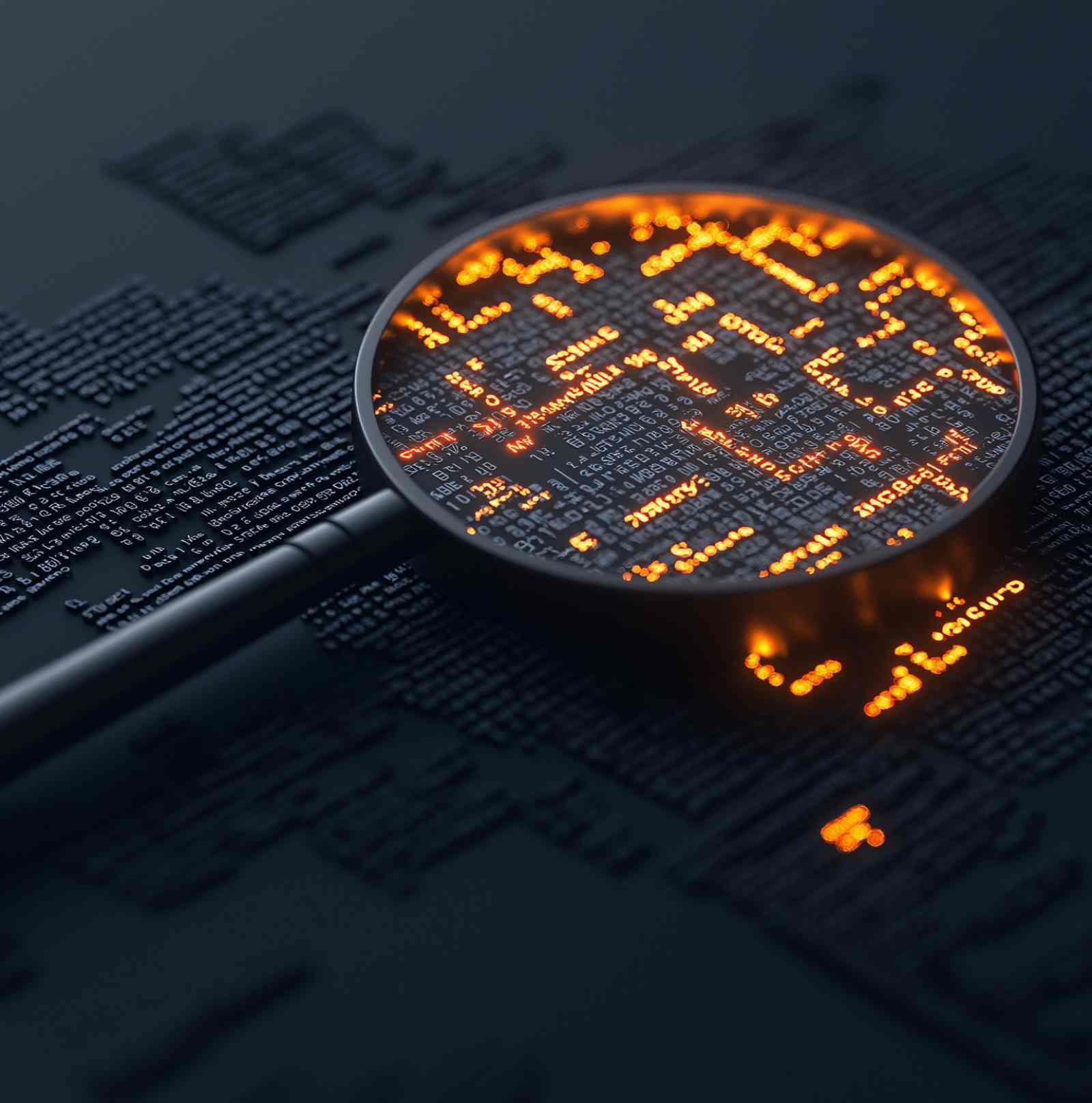 Magnifying glass examining circuit board code representing NIST cybersecurity compliance assessment