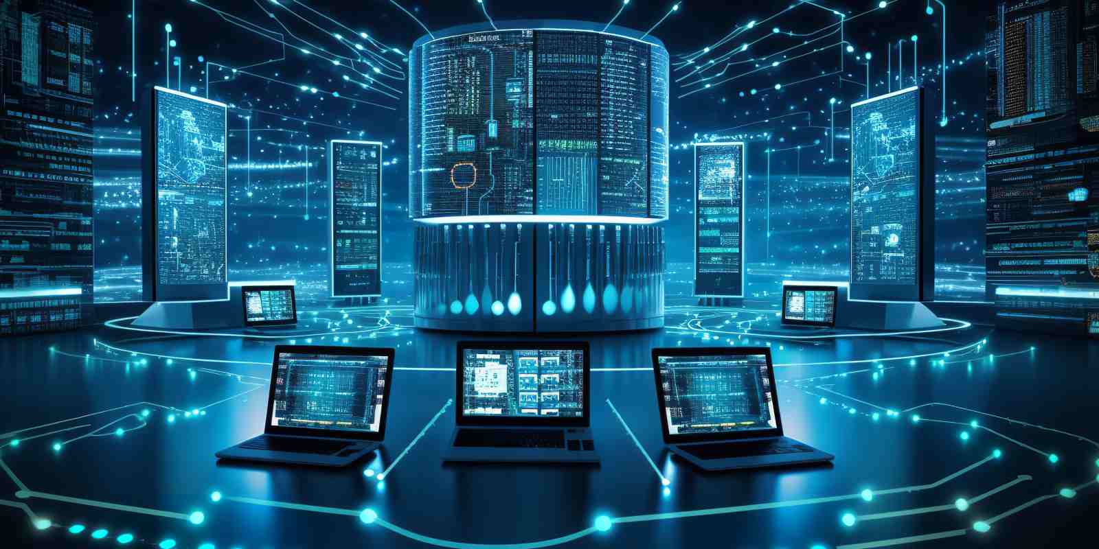 Multiple connected laptops and digital screens surrounding a central server tower representing a modern cybersecurity IT infrastructure