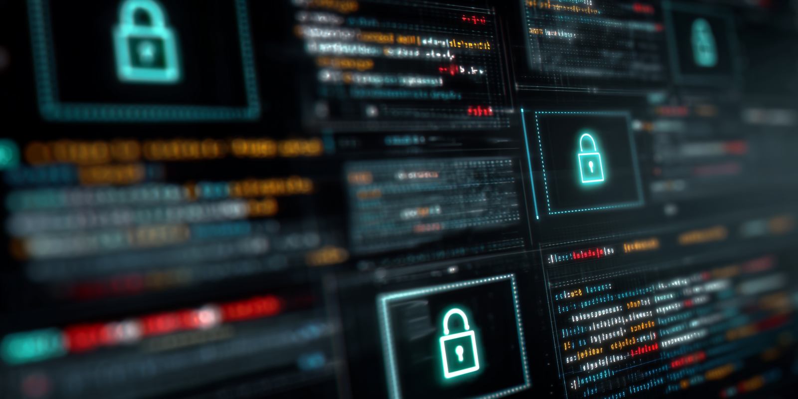 Multiple digital screens displaying glowing lock icons and code, representing layered cybersecurity compliance and data security monitoring