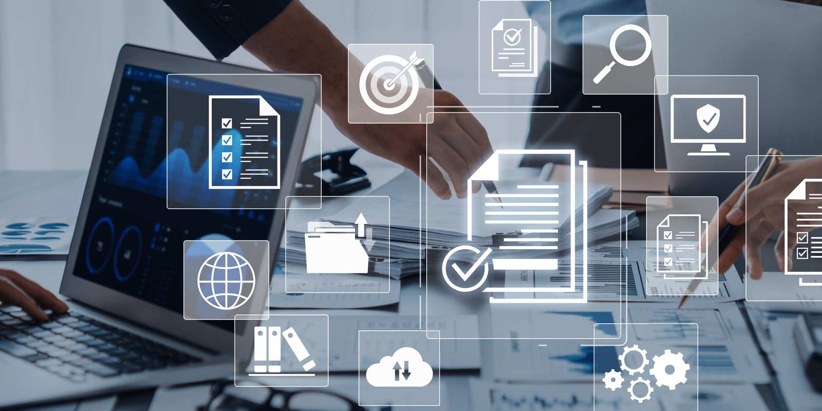 Professionals collaborating over documents and laptops with digital icons for checklists cloud storage and security representing cybersecurity assessment
