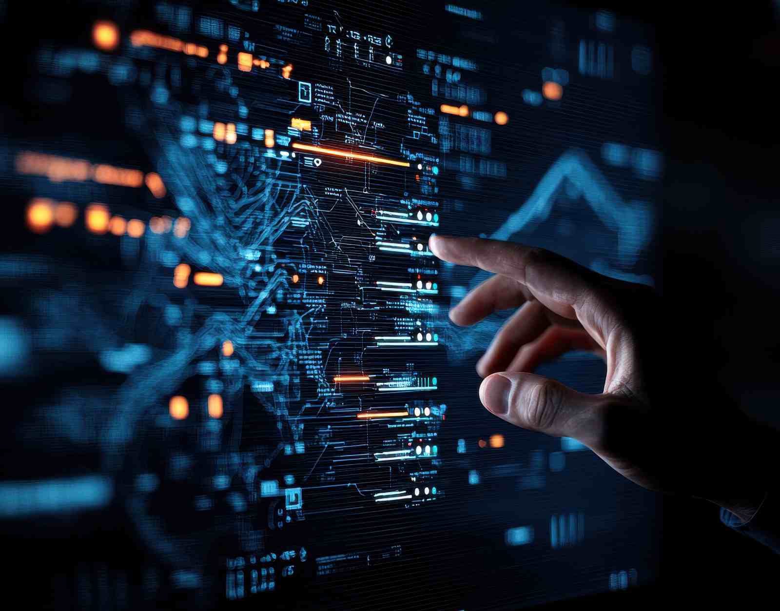 Security analyst interacting with a digital data visualization to discover network vulnerabilities
