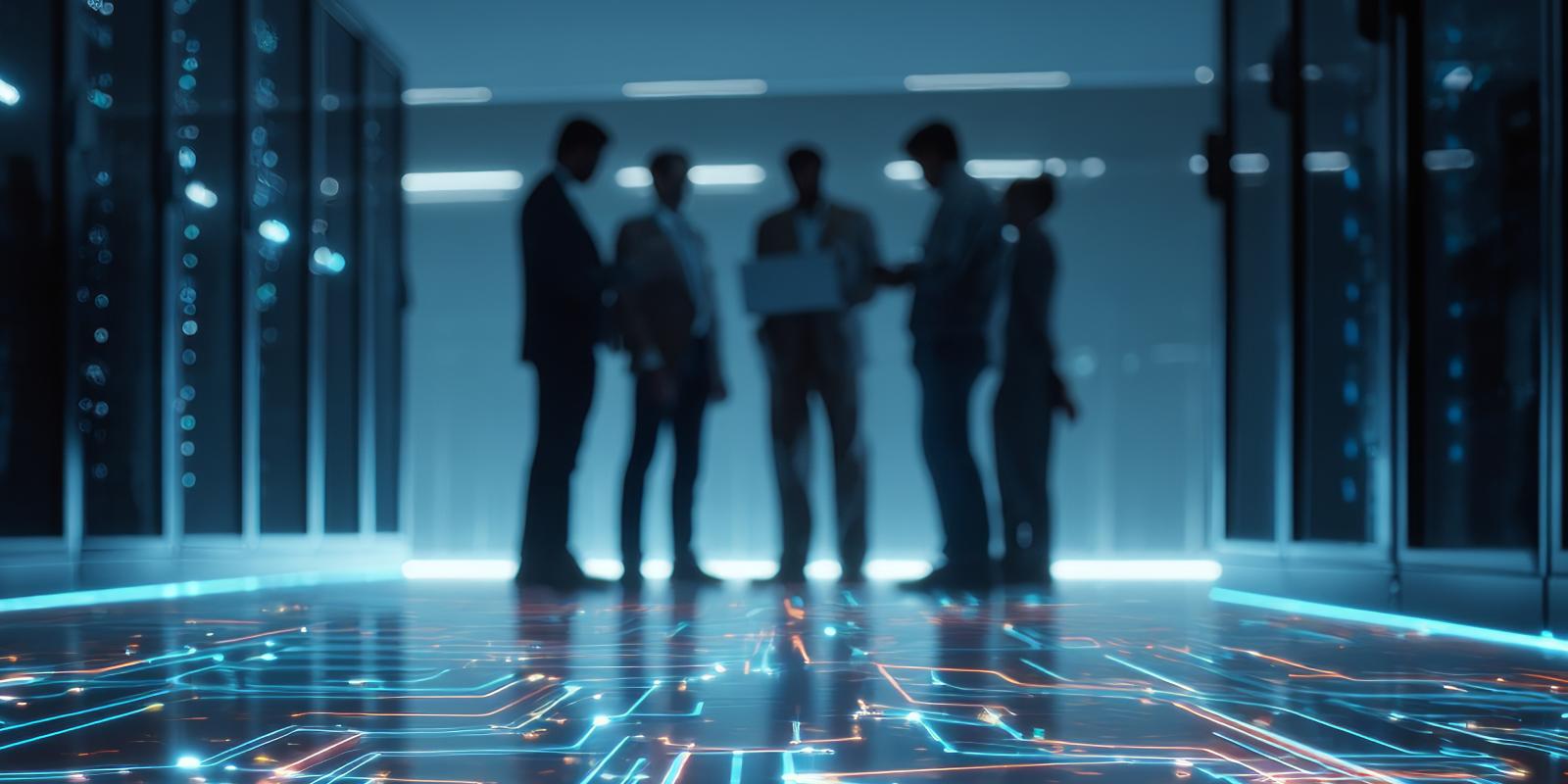 Silhouettes of cybersecurity professionals collaborating in a server room with glowing digital circuit patterns on the floor