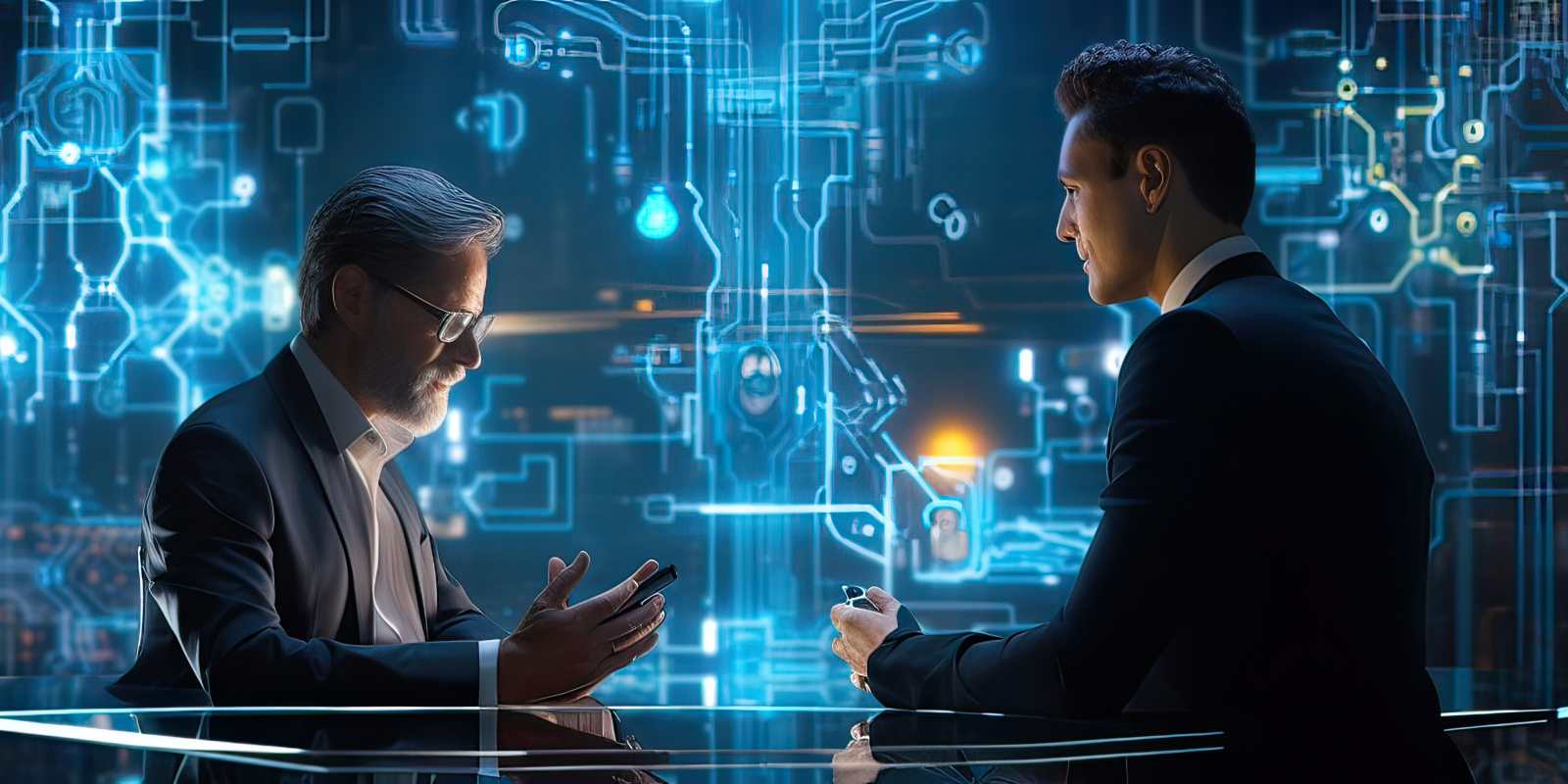 Two cybersecurity consultants in discussion against a glowing digital circuit background representing professional cybersecurity consulting