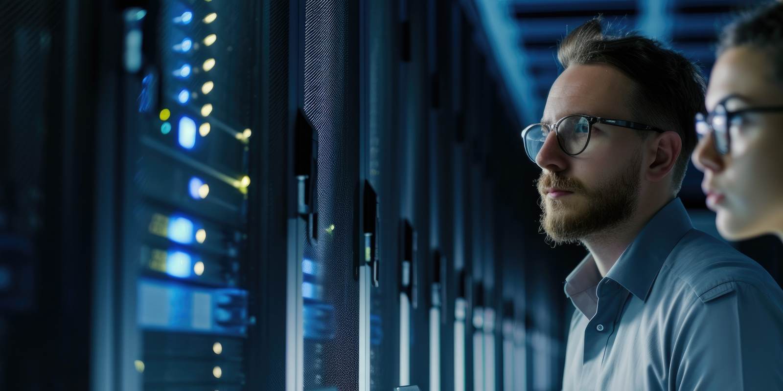 Two cybersecurity consultants inspecting server infrastructure in a data center representing professional cybersecurity consulting and technical assessment