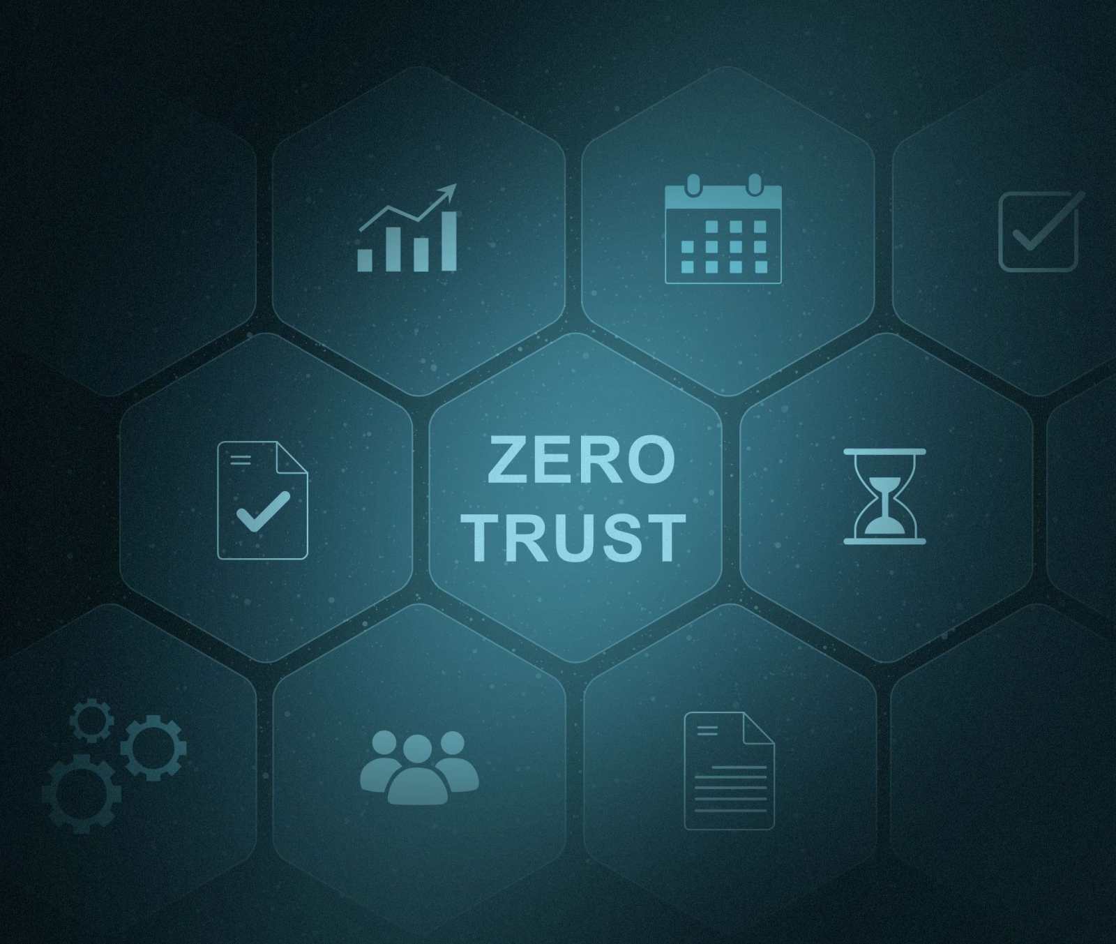 Zero Trust security model diagram with compliance, analytics, scheduling, and user management icons