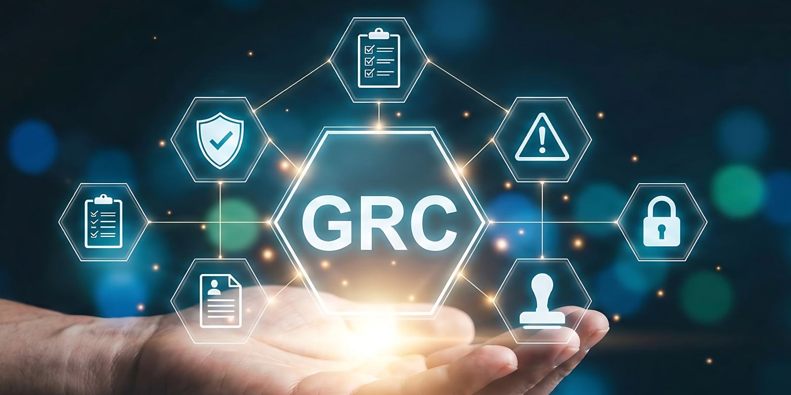a glowing GRC hexagonal interface surrounded by icons for compliance risk security and documentation representing cybersecurity governance risk