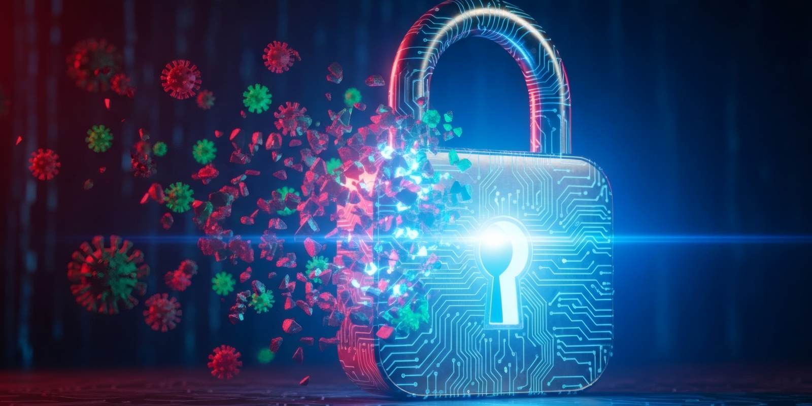 digital circuit padlock blocking virus particles from penetrating representing cybersecurity controls assessment