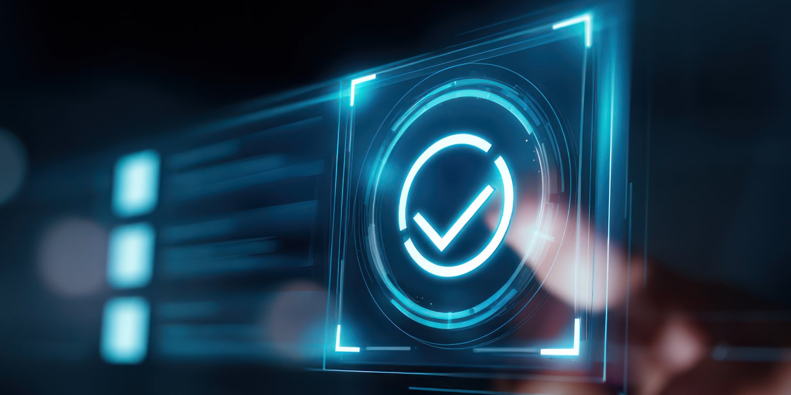 finger touching a glowing digital checkmark on a transparent screen representing cybersecurity controls verification and compliance assessment.