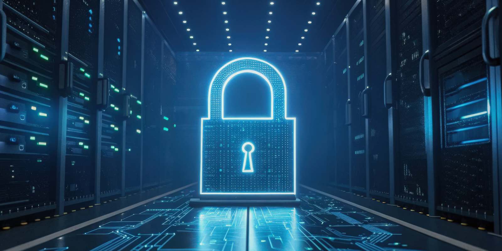 glowing blue digital padlock centered in a server room corridor representing cybersecurity architecture and secure infrastructure desig