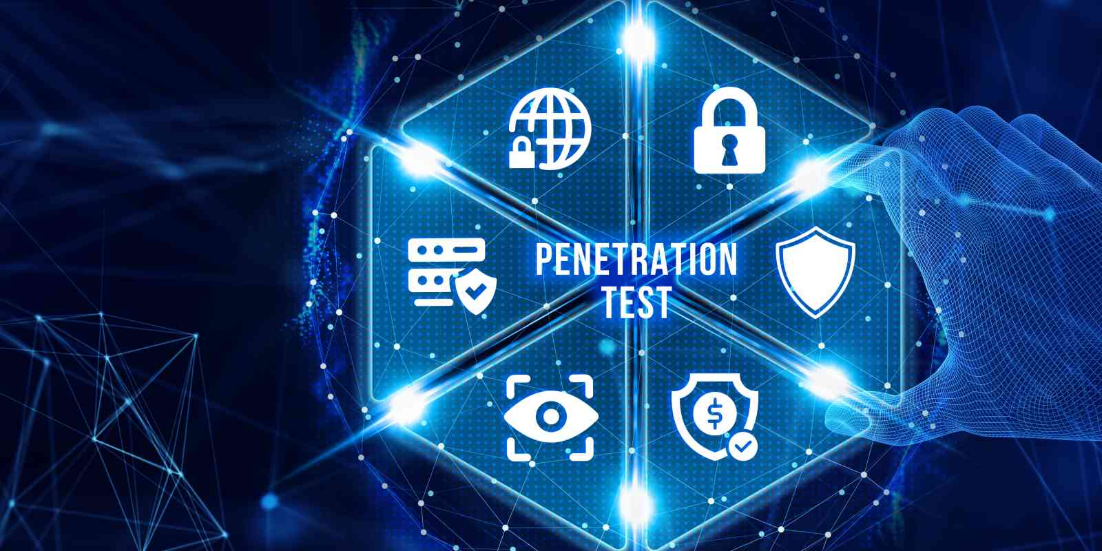 icons for network security padlock shield surveillance and financial protection representing comprehensive cybersecurity penetration testing.