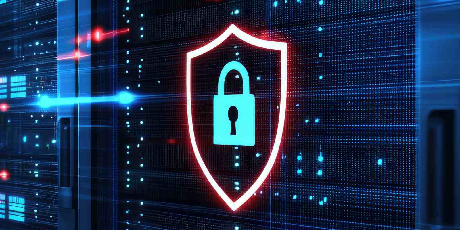 padlock in a server room representing cybersecurity architecture and infrastructure protection