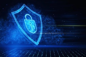 safety protection and information privacy concept with digital padlock in shield on abstract dark background