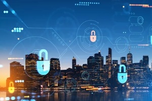 new york city buildings, cybersecurity hud hologram and lock circuit, privacy