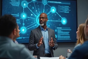 black man with glasses talks to team near screen showing network diagram