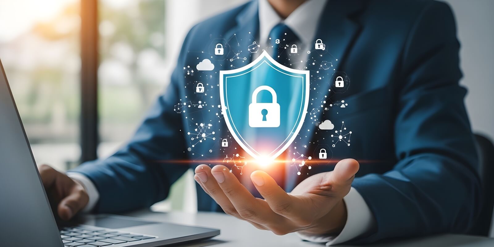 business professional holding digital security shield icon