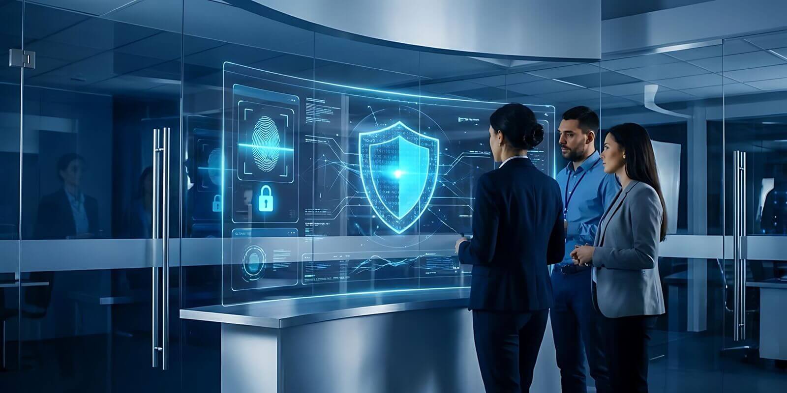 business professionals reviewing futuristic digital security interface in modern office