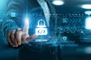 businessman touching secure coding networking and vulnerability detection