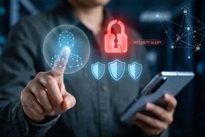 cybersecurity expert identifying a data integrity alert on a holographic digital interface using a mobile phone