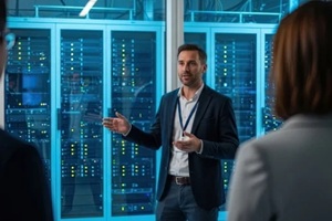 it professional explaining server rack operations to colleagues in data center