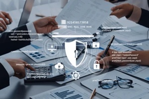 business team collaborating on security data analysis with graphs, charts, and digital protection icons representing information security and privacy measures