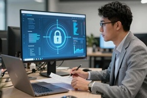 man in a suit reviews documents in front of a computer displaying cybersecurity data and a padlock icon