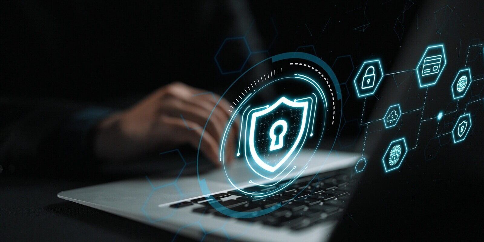 secure digital environment with laptop and cybersecurity icons emphasizing data protection and encryption for technology usage