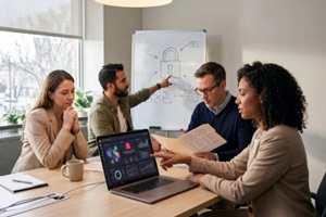 small business team reviewing cybersecurity risks in an office meeting
