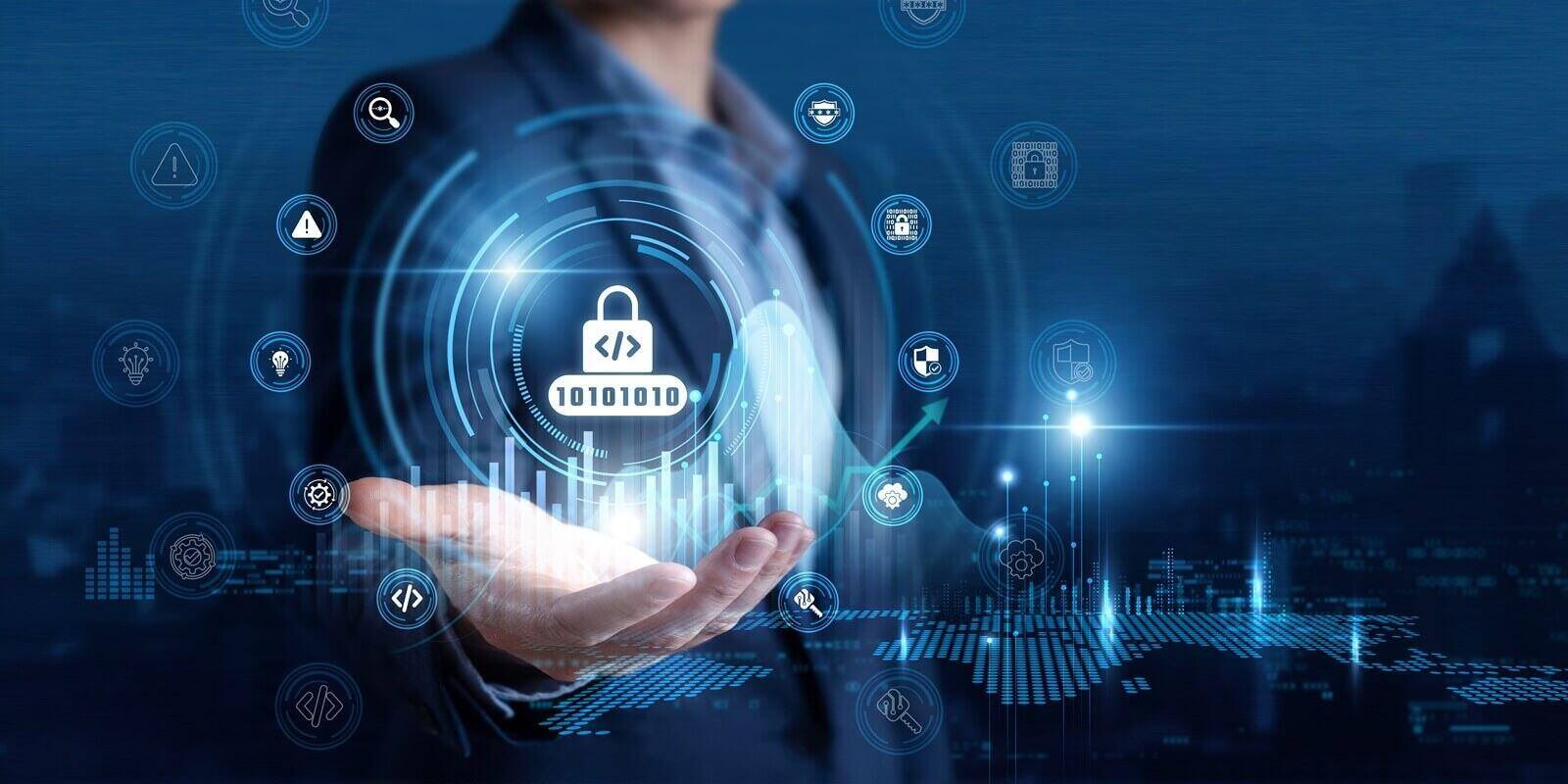 software engineer hand hold secure coding and application defense global networking data